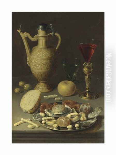 A Stoneware Ewer,a Berkemeyer And A Conical Glass In A Bekerschroef, With Confectionary In A Silver Platter, On A Ledge Oil Painting by David Ryckaert the Younger