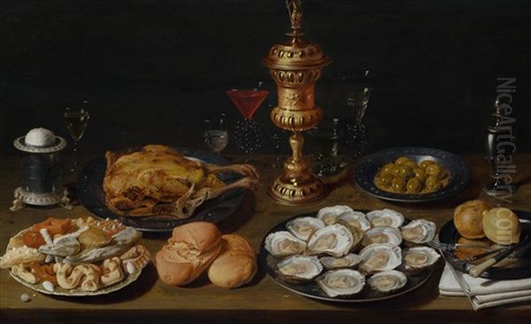 Still Life With Capon, Oysters, Bread, Pastries, Various Glasses And A Goblet Oil Painting by David Ryckaert the Younger