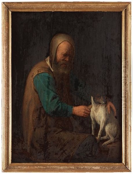 Man With A Dog And A Women With A Cat Oil Painting by David Ryckaert the Younger