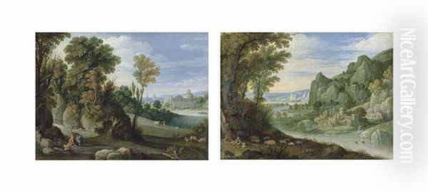 A Wooded Landscape With Hercules And Cacus; And A Mountainous River Landscape With The Prodigal Son (2 Works) Oil Painting by David Ryckaert the Younger