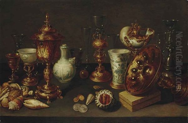 Nature Morte Aux Coquillages, Avec Un Nautile, Des Vases, Des Verres Et Des Branches De Corail Oil Painting by David Ryckaert the Younger