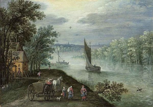 A Wooded, River Landscape With A Sailing Boat, Figures With A Horse And Cart On A Track In The Foreground Oil Painting by David Ryckaert the Younger