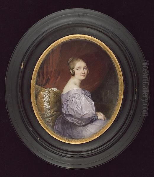 A Young Lady, Seated On A Chaise-longue, Wearing Mauve Dress With Large Puff Sleeves, Her Hair Worn In A Bun, Crimson Curtain Background Oil Painting by Etienne Bouchardy