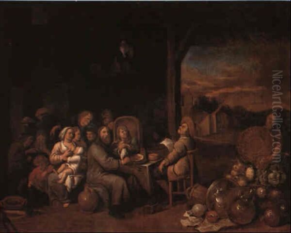 Peasants Eating At A Table In A Barn Oil Painting by David Ryckaert the Younger