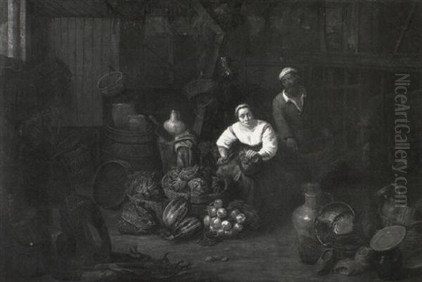 Stable Interior With A Maid Preparing Vegetables Oil Painting by David Ryckaert the Younger