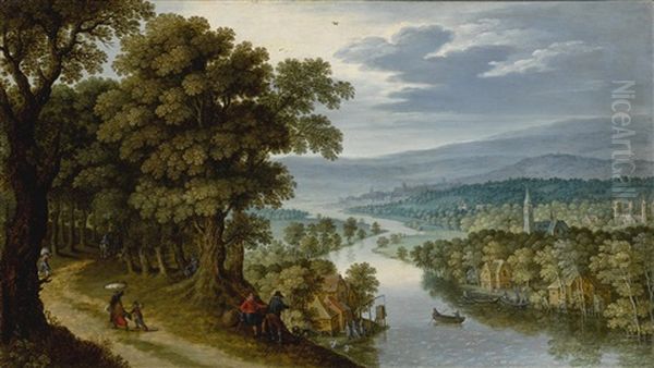 A Panoramic Mountainous River Landscape With Figures On A Path, A Village And Fishermen Beyond Oil Painting by Marten Ryckaert