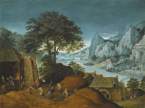 An Alpine Landscape With An Iron Foundry And Blast Furnace Oil Painting by Marten Ryckaert