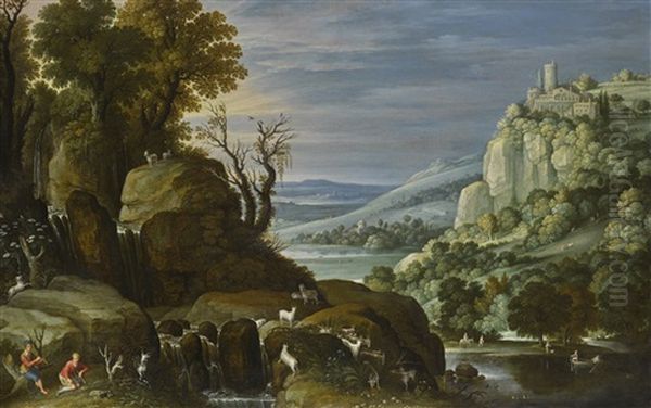 Mountainous Landscape With A Clifftop Castle And Goats Frolicking On The Rocks Oil Painting by Marten Ryckaert