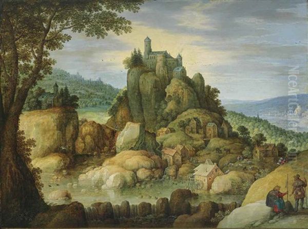 An Extensive Rocky River Landscape With Pilgrims On A Path By A Castle On A Hill Oil Painting by Marten Ryckaert