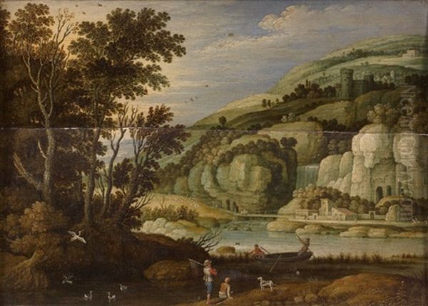 Paysage A La Cascade, Surmontee D'une Colline Rocheuse, Avec Pecheurs En Barque Et Sur La Rive Oil Painting by Marten Ryckaert