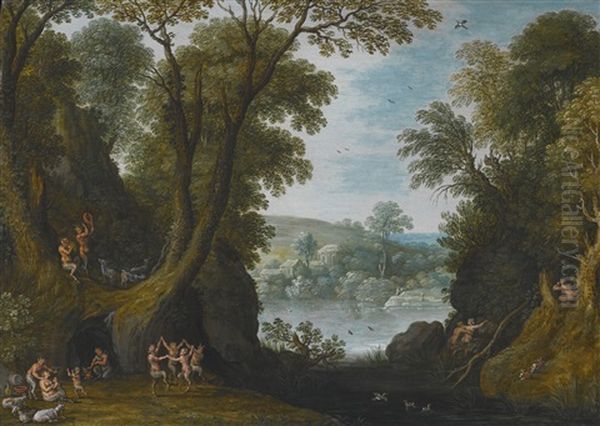 Forest Landscape With Fauns Making Merry At A Lakes Edge Oil Painting by Marten Ryckaert