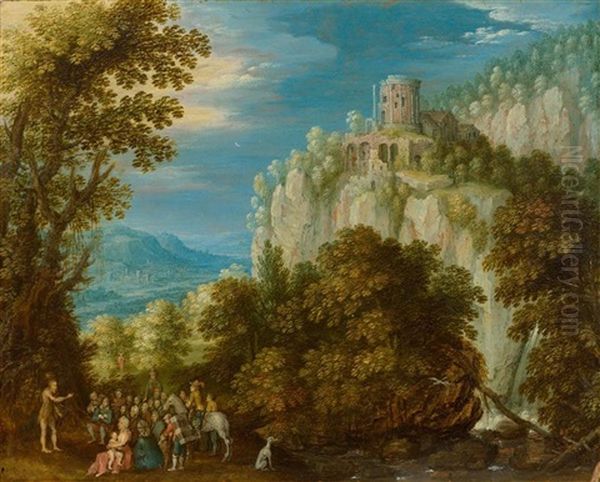 Landscape With St John The Baptist Preaching, With The Temple Of The Sibyl At Tivoli In The Background Oil Painting by Marten Ryckaert