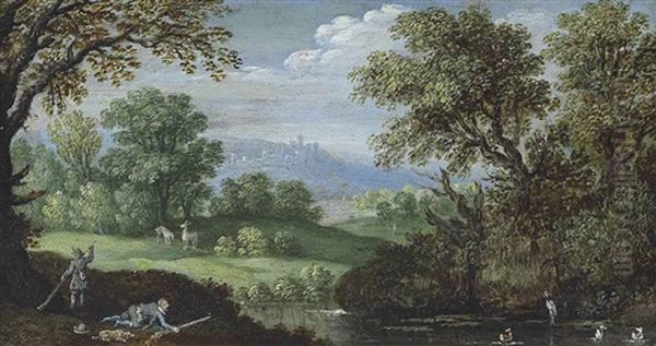 A Wooded River Landscape With Figures Hunting Ducks And Stags, A Hilltop Village Beyond Oil Painting by Marten Ryckaert