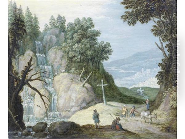 Figures Before A Waterfall, A Town Beyond Oil Painting by Marten Ryckaert