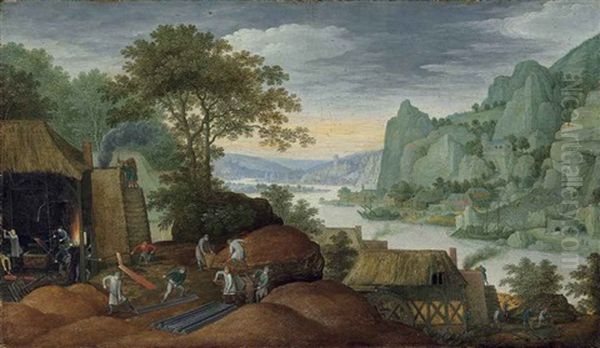 A Rocky Landscape With Figures By An Iron Foundry, A River And Houses On The Bank Beyond Oil Painting by Marten Ryckaert