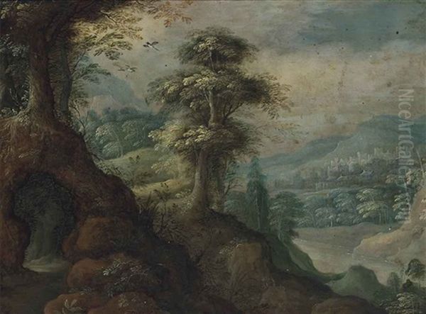 A Mountainous Wooded Landscape, A Town Beyond Oil Painting by Marten Ryckaert