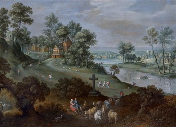 Paysage De Riviere Avec Une Scene Pastorale Oil Painting by Marten Ryckaert