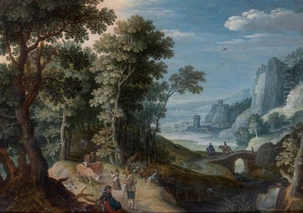 Paysage De Collines Avec Une Forteresse Pres D'un Lac Oil Painting by Marten Ryckaert