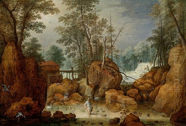 Ein Fischer In Einem Fluss In Einer Bewaldeten Landschaft Oil Painting by Marten Ryckaert