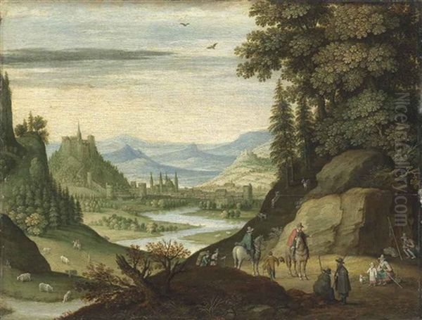 An Extensive Mountainous Landscape With Figures On Horseback And Others Resting In The Foreground, A Winding River And A Town Beyond Oil Painting by Marten Ryckaert