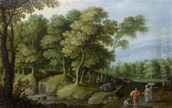 Waldlandschaft Mit Viehherde Neben Einem Fluss Und Reisenden Bauern Sowie Einer Stadt Im Hintergrund Oil Painting by Marten Ryckaert