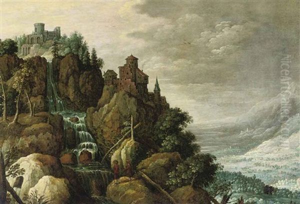 A Mountainous Landscape With A Waterfall And A Fortification On The Rocks, Figures Conversing In The Foreground Oil Painting by Marten Ryckaert