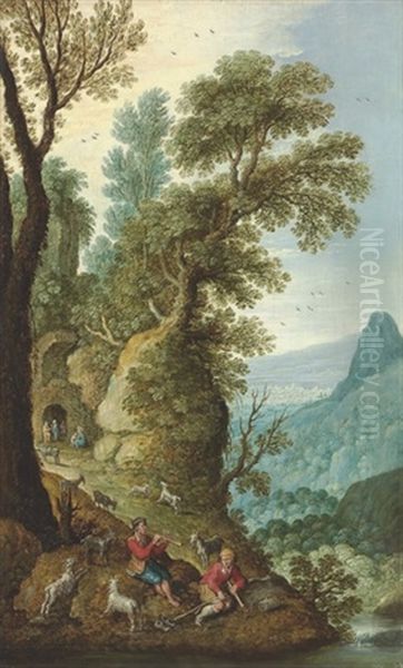 A Mountainous Landscape With Goatherds In The Foreground, And A Grotto Beyond Oil Painting by Marten Ryckaert