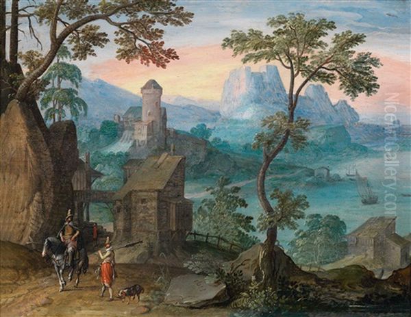 Weite Gebirgslandschaft Mit Einer Burg Und Einem Reiter Oil Painting by Marten Ryckaert