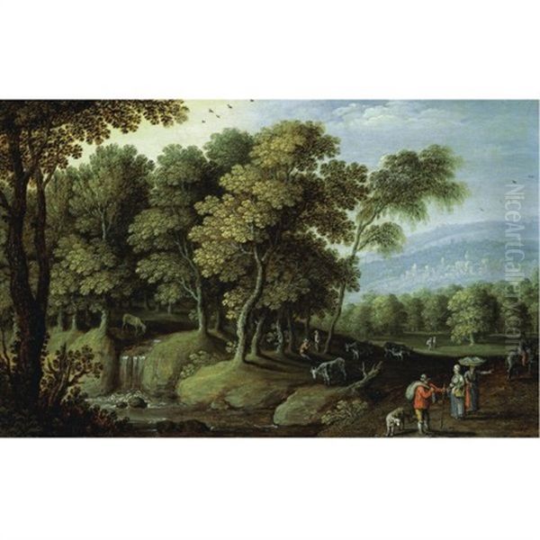 A Clearing In A Forest With Cattle Watering At A Pool And Peasants On A Road In The Foreground Oil Painting by Marten Ryckaert