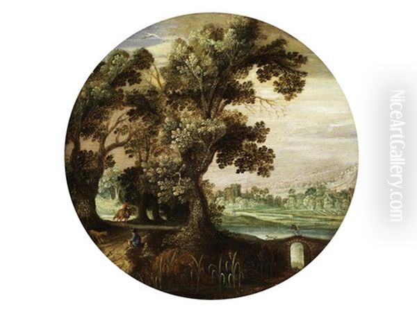 Landschaft Mit Eichenbaumen, Hausern In Der Ferne Und Staffagefiguren Am Flussufer Oil Painting by Marten Ryckaert