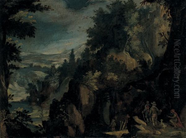 Paysage De Montagne Au Pont (+ Paysage De Montagnes Aux Promeneurs; Pair) Oil Painting by Marten Ryckaert