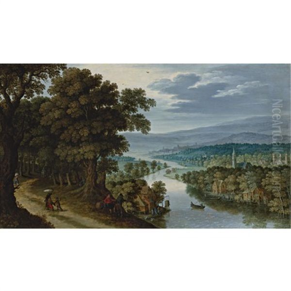 A Panoramic Mountainous River Landscape With Figures On A Path, A Village And Fishermen Beyond Oil Painting by Marten Ryckaert