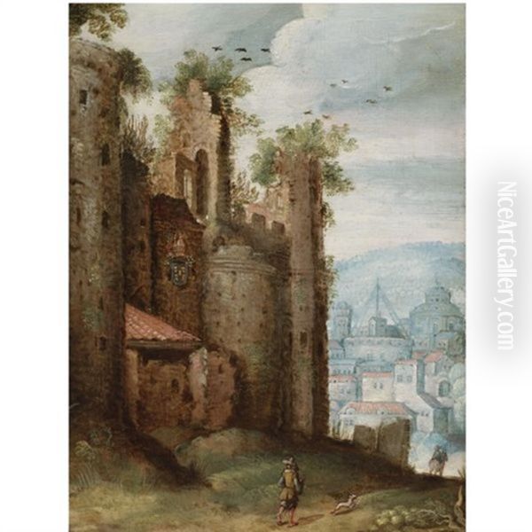 A Landscape With A Ruined Castle In The Foreground, Charged With The Papal Coat-of-arms, And A View Of A Town Beyond Oil Painting by Marten Ryckaert