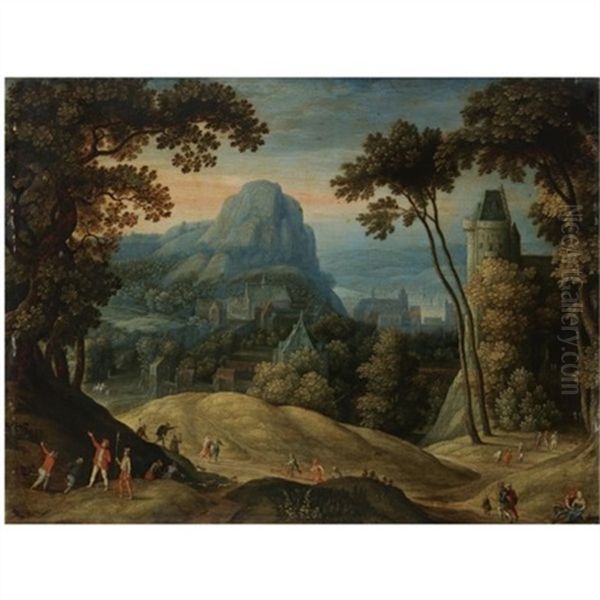 An Extensive Hilly Landscape With A Town In A Valley And A Castle In The Midground Oil Painting by Marten Ryckaert