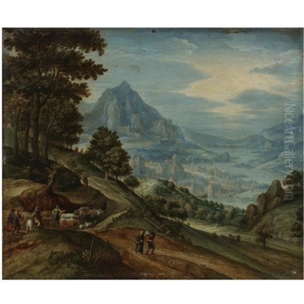 An Extensive Landscape With A Wood, Distant Mountains, A Town On A River Valley, Travellers, Herdsmen, And Ploughmen by Marten Ryckaert