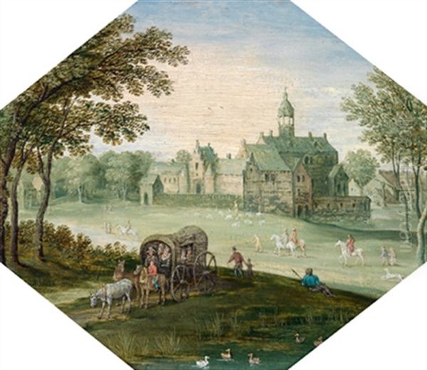 Landschaft Mit Einem Schloss Und Reisenden In Einem Pferdewagen Oil Painting by Marten Ryckaert