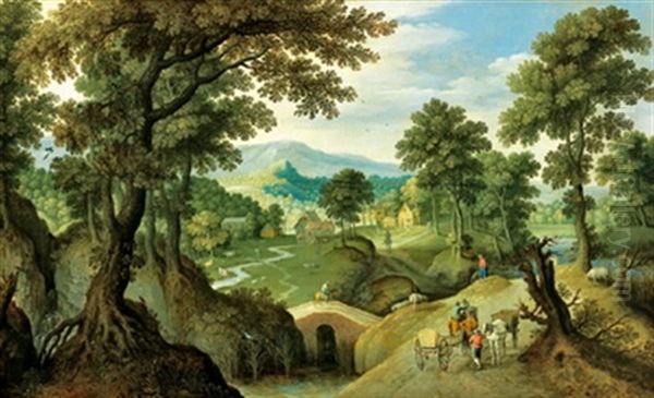 Weite, Bewaldete Landschaft Mit Einer Steinerner Brucke Und Reisenden Oil Painting by Marten Ryckaert