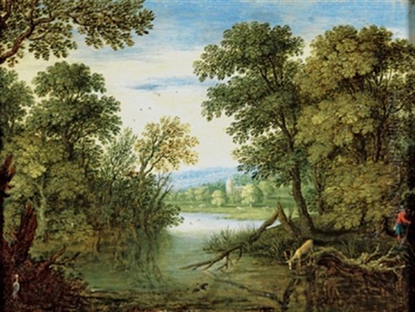 Ein Teich Im Walde Mit Einem Jager, Einem Trinkenden Hirsch, Einer Auffliegenden Wildente Und Einem Storch Oil Painting by Marten Ryckaert