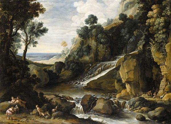 A Rocky Landscape With A Waterfall, Nymphs And Satyrs Resting By A River Oil Painting by Marten Ryckaert