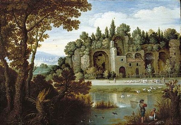 A Pastoral Landscape With Herdsmen Before Roman Ruins, Two Fishermen And Their Catch In The Foreground Oil Painting by Marten Ryckaert