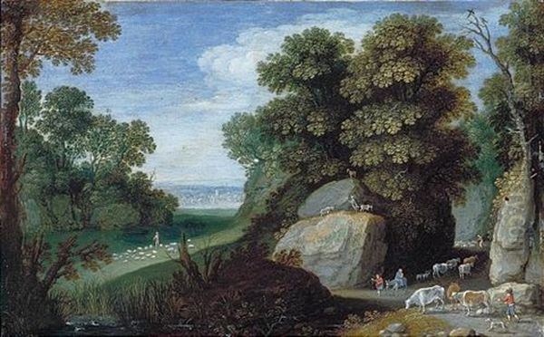 A Rocky Pastoral Landscape With The Flight Into Egypt, Shepherds Tending Their Flocks Beyond Oil Painting by Marten Ryckaert