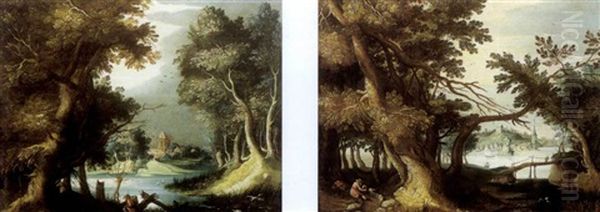 Paysage Aux Chasseurs (+ Another, Similar; Pair) Oil Painting by Marten Ryckaert