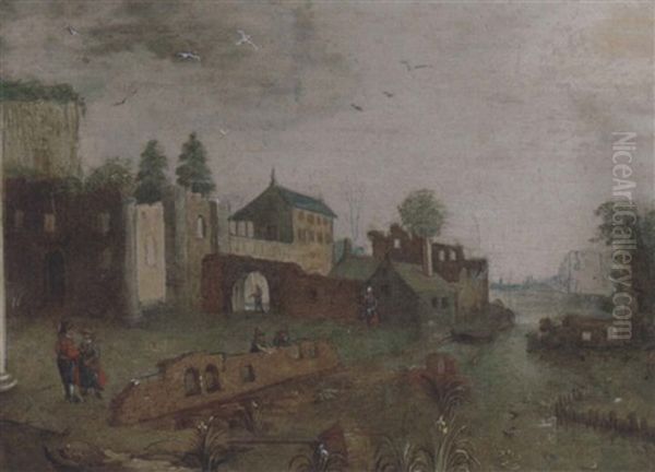 A River Landscape With Elegant Company And Other Figures On A Bank, A Walled Town Beyond Oil Painting by Marten Ryckaert