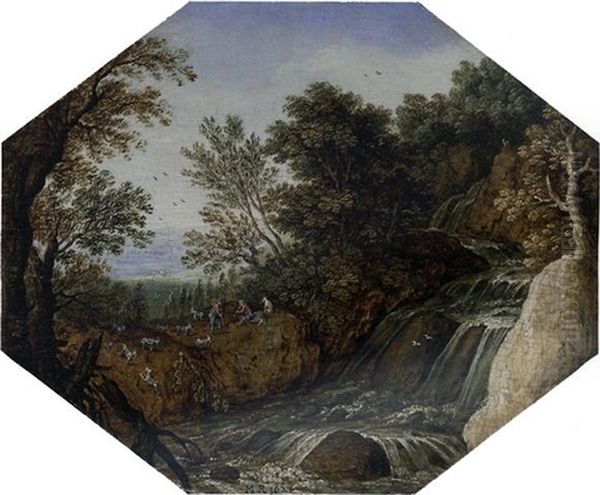 A Wooded River Landscape With Goatherds Resting With Their Goats And Dogs By A Waterfall Oil Painting by Marten Ryckaert