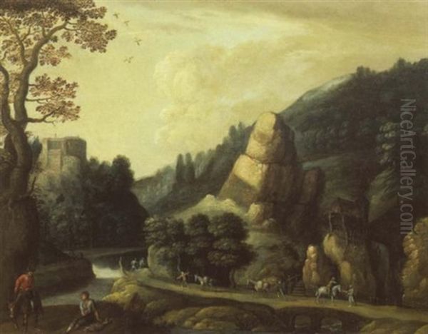 Paysage De Riviere Anime De Voyageurs Sur Une Route Oil Painting by Marten Ryckaert