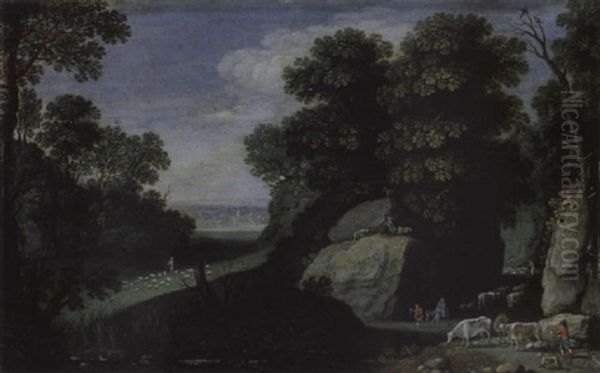 Felsige Waldlandschaft Mit Hirtenstaffage Oil Painting by Marten Ryckaert