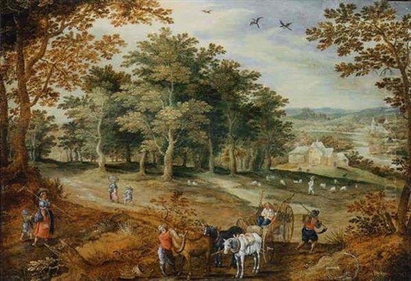 A Wooded Landscape With Travellers And A Cart Oil Painting by Marten Ryckaert