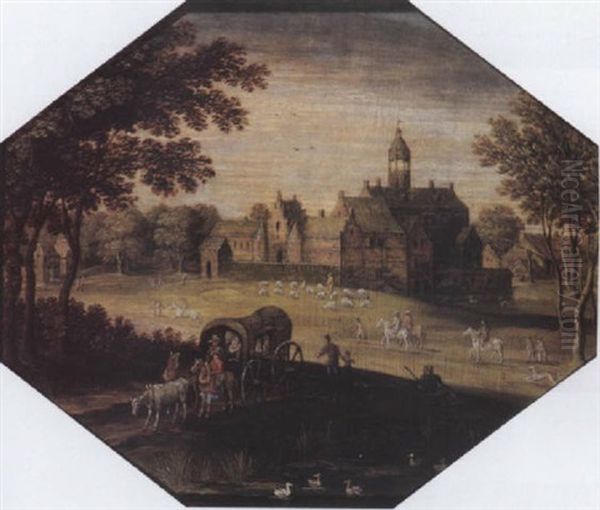 A Wooded Landscape With Travellers In A Wagon By A Pond, A Castle Beyond Oil Painting by Marten Ryckaert