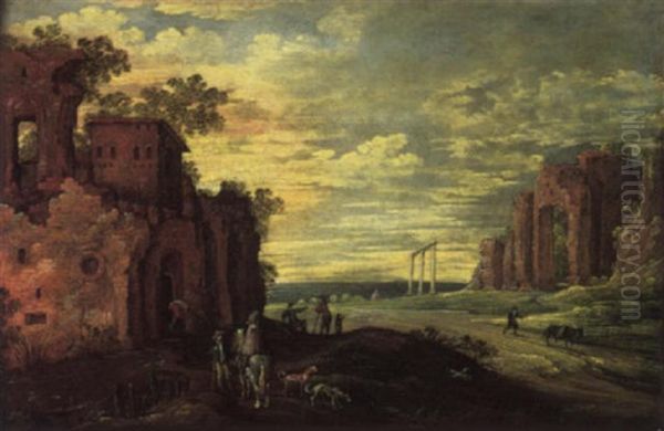 Travellers Conversing On A Path Before A Ruin, A Landscape Beyond Oil Painting by Marten Ryckaert