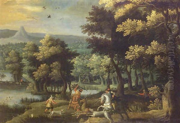 La Chasse Aux Cerfs Dans Un Paysage Boise Oil Painting by Marten Ryckaert